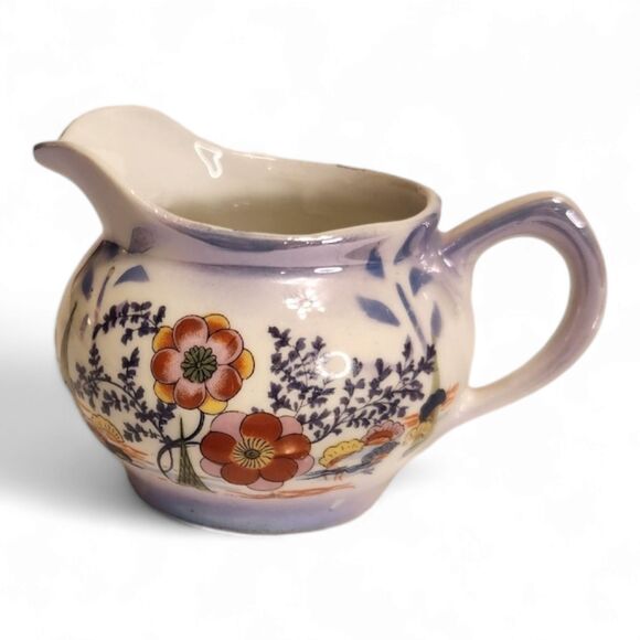 Creamer Pitcher Jug Ceramic with Hand-Painted Flowers and Iridescent Glaze 2.25" - Picture 1 of 8